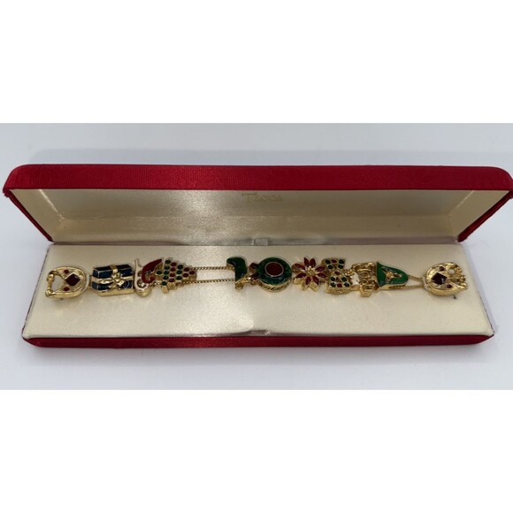 Tacoa Christmas Charm Bracelet 7.5" Gold Tone Boxed Holiday Jewelry Gift - Picture 2 of 15